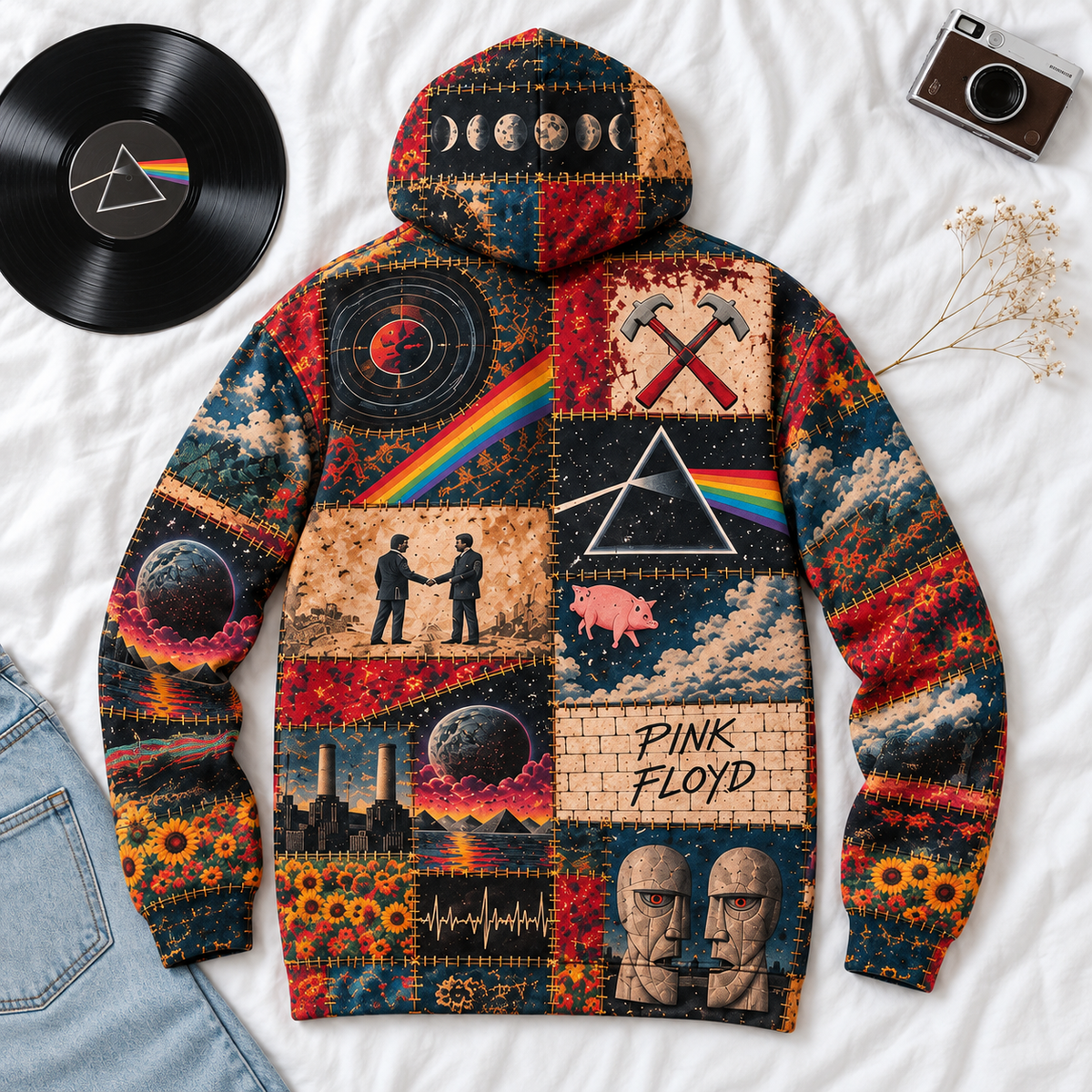 Pink Floyd Patchwork Hoodie – Vintage Dark Side of the Moon Graphic Pullover, Retro Psychedelic Rock Band Hoodie, Pink Floyd Fan Gift