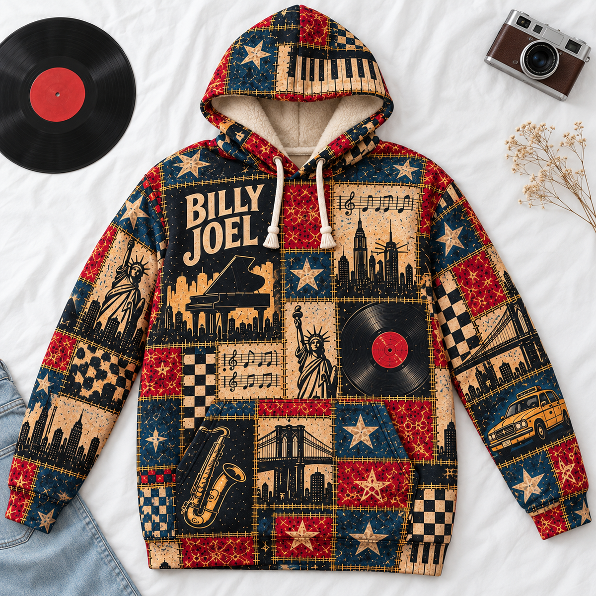 Billy Joel Patchwork Sherpa Hoodie – Piano Man Vintage Music Pullover, New York City Graphic Hoodie, Classic Rock Fan Gift