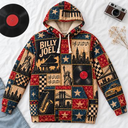 Billy Joel Patchwork Sherpa Hoodie – Piano Man Vintage Music Pullover, New York City Graphic Hoodie, Classic Rock Fan Gift