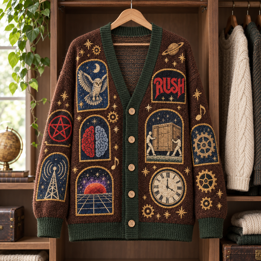 Rush Vintage Cardigan – 2112 Starman Celestial Knit Sweater, Progressive Rock Patchwork Cardigan, Retro Rush Fan Gift