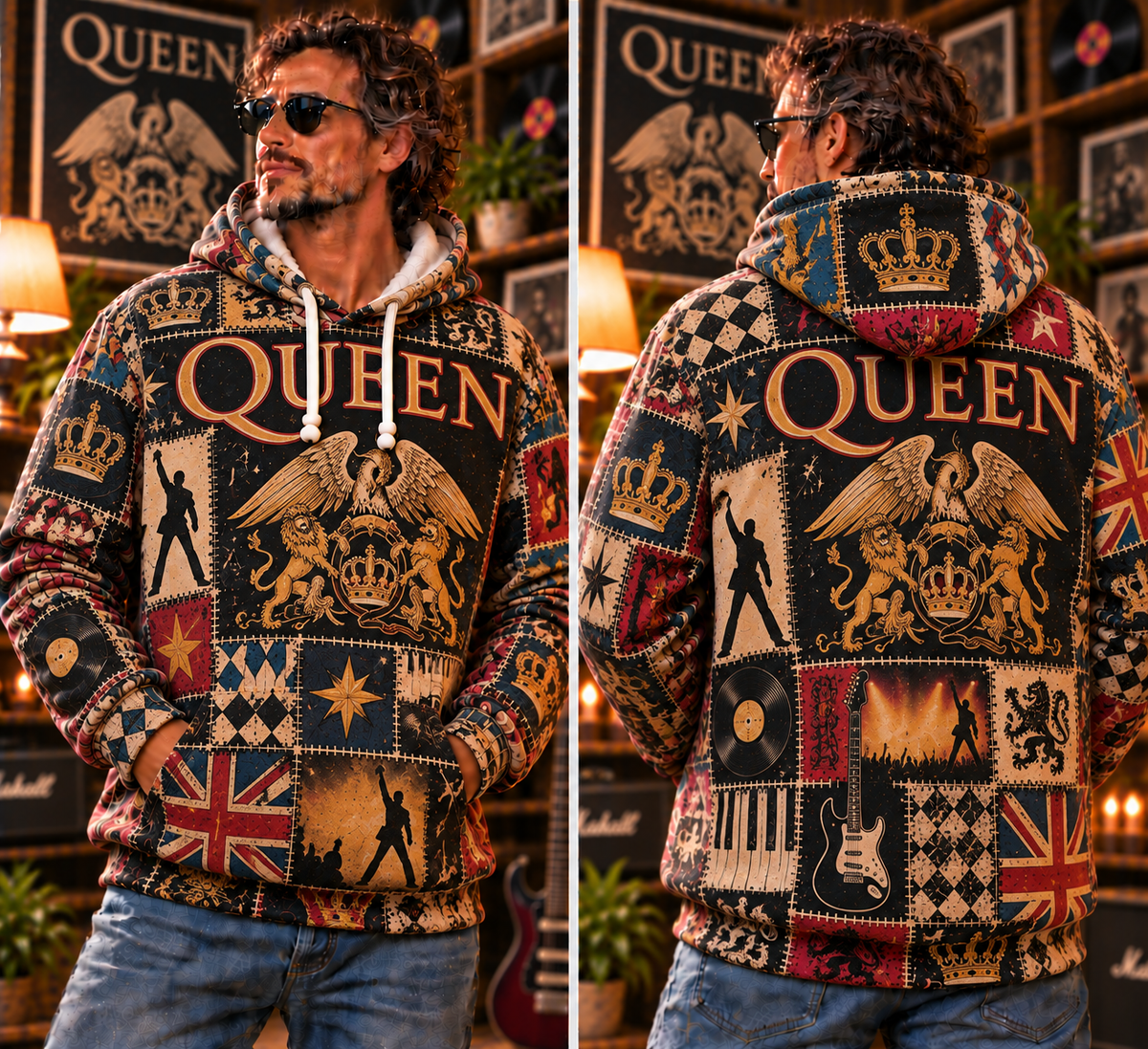Queen Patchwork Hoodie – Vintage Freddie Mercury Graphic Pullover, Retro 70s 80s Classic Rock Sweatshirt, Bohemian Rhapsody Inspired Hoodie