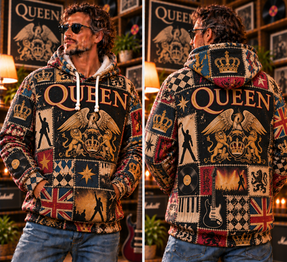 Queen Patchwork Hoodie – Vintage Freddie Mercury Graphic Pullover, Retro 70s 80s Classic Rock Sweatshirt, Bohemian Rhapsody Inspired Hoodie