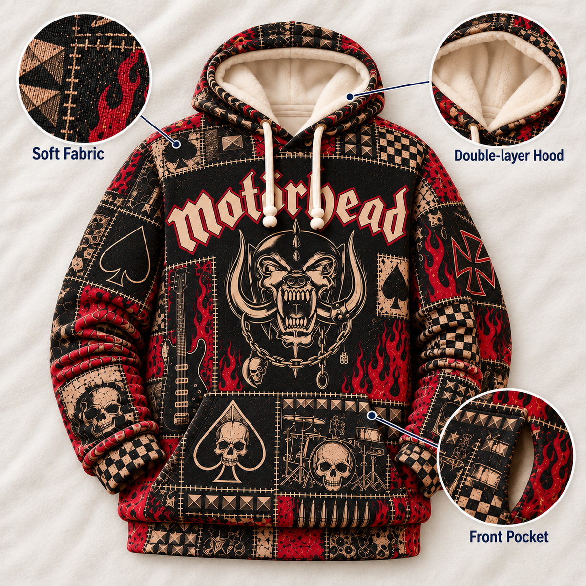 Motörhead Patchwork Hoodie – Vintage Heavy Metal Graphic Pullover, Snaggletooth Skull Sweatshirt, Retro Rock Band Fan Gift, Unisex Biker Hoodie