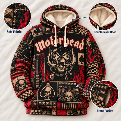 Motörhead Patchwork Hoodie – Vintage Heavy Metal Graphic Pullover, Snaggletooth Skull Sweatshirt, Retro Rock Band Fan Gift, Unisex Biker Hoodie