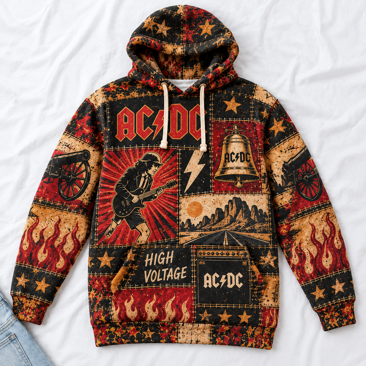 AC/DC Patchwork Hoodie – High Voltage Rock Band Pullover, Vintage Red Black Graphic Hoodie, Soft Fabric, AC/DC Fan Gift