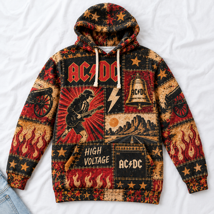 AC/DC Patchwork Hoodie – High Voltage Rock Band Pullover, Vintage Red Black Graphic Hoodie, Soft Fabric, AC/DC Fan Gift
