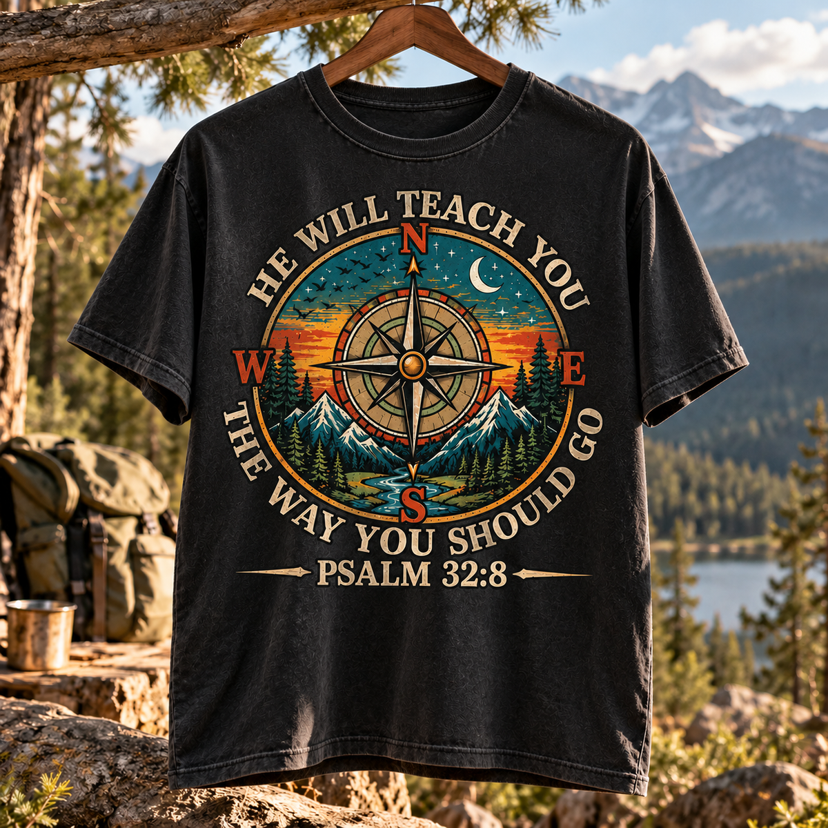 Psalm 32:8 Christian T-Shirt, He Will Teach You The Way You Should Go Shirt, Compass Faith Tee, Christian Hiking Shirt, Outdoor Bible Verse Gift