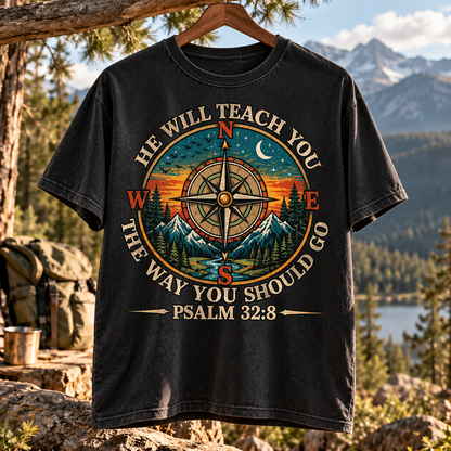 Psalm 32:8 Christian T-Shirt, He Will Teach You The Way You Should Go Shirt, Compass Faith Tee, Christian Hiking Shirt, Outdoor Bible Verse Gift