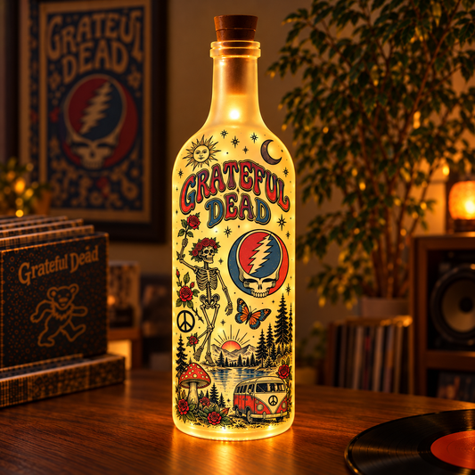 Grateful Dead Vintage Lighted Bottle Lamp - Premium Psychedelic Rock Merchandise, Steal Your Face & Dancing Skeleton LED Fairy Light Up Bottle Night Light Decor Gift