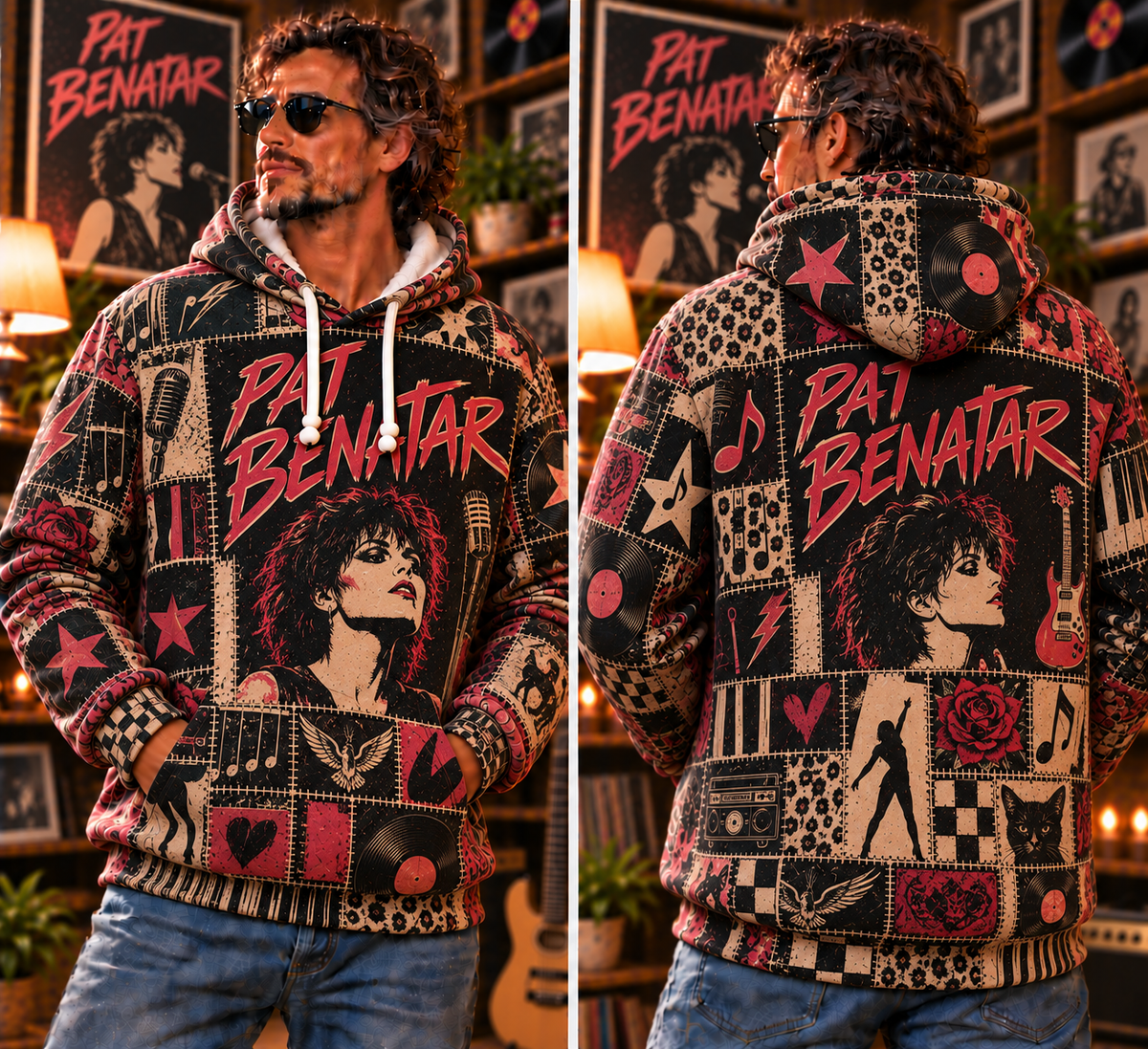 Pat Benatar Patchwork Hoodie – Vintage 80s Rock Graphic Pullover, Retro Rock Queen Sweatshirt, Soft Fleece-Lined Hoodie, Classic Rock Fan Gift, Unisex Music Hoodie