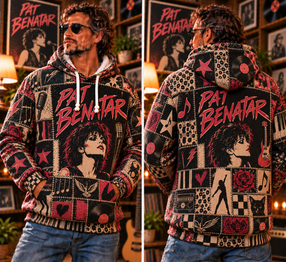 Pat Benatar Patchwork Hoodie – Vintage 80s Rock Graphic Pullover, Retro Rock Queen Sweatshirt, Soft Fleece-Lined Hoodie, Classic Rock Fan Gift, Unisex Music Hoodie