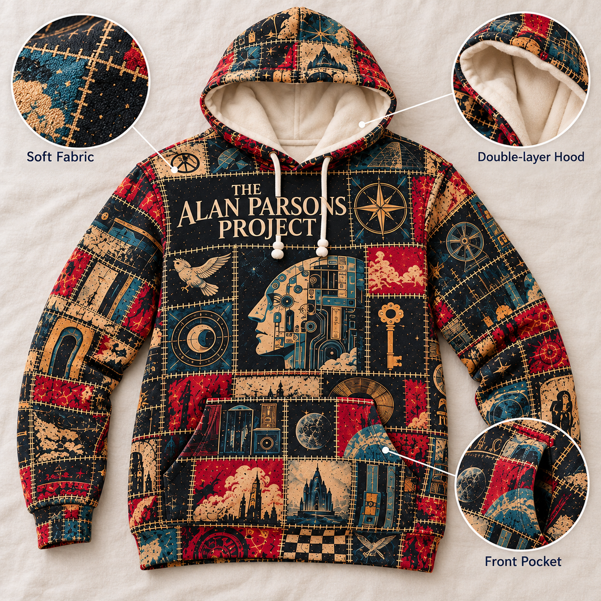The Alan Parsons Project Patchwork Hoodie – Vintage Progressive Rock Band Graphic Pullover, Retro Music Lover Gift