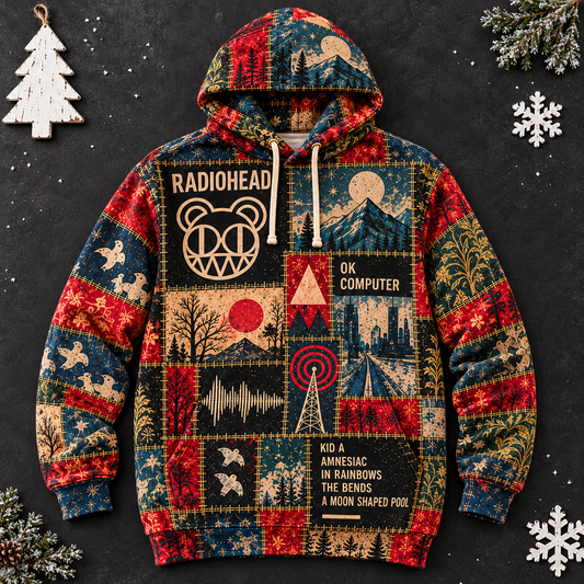 Radiohead Patchwork Hoodie – Vintage Alternative Rock Graphic Pullover, OK Computer Kid A Amnesiac Inspired Hoodie, Radiohead Fan Gift