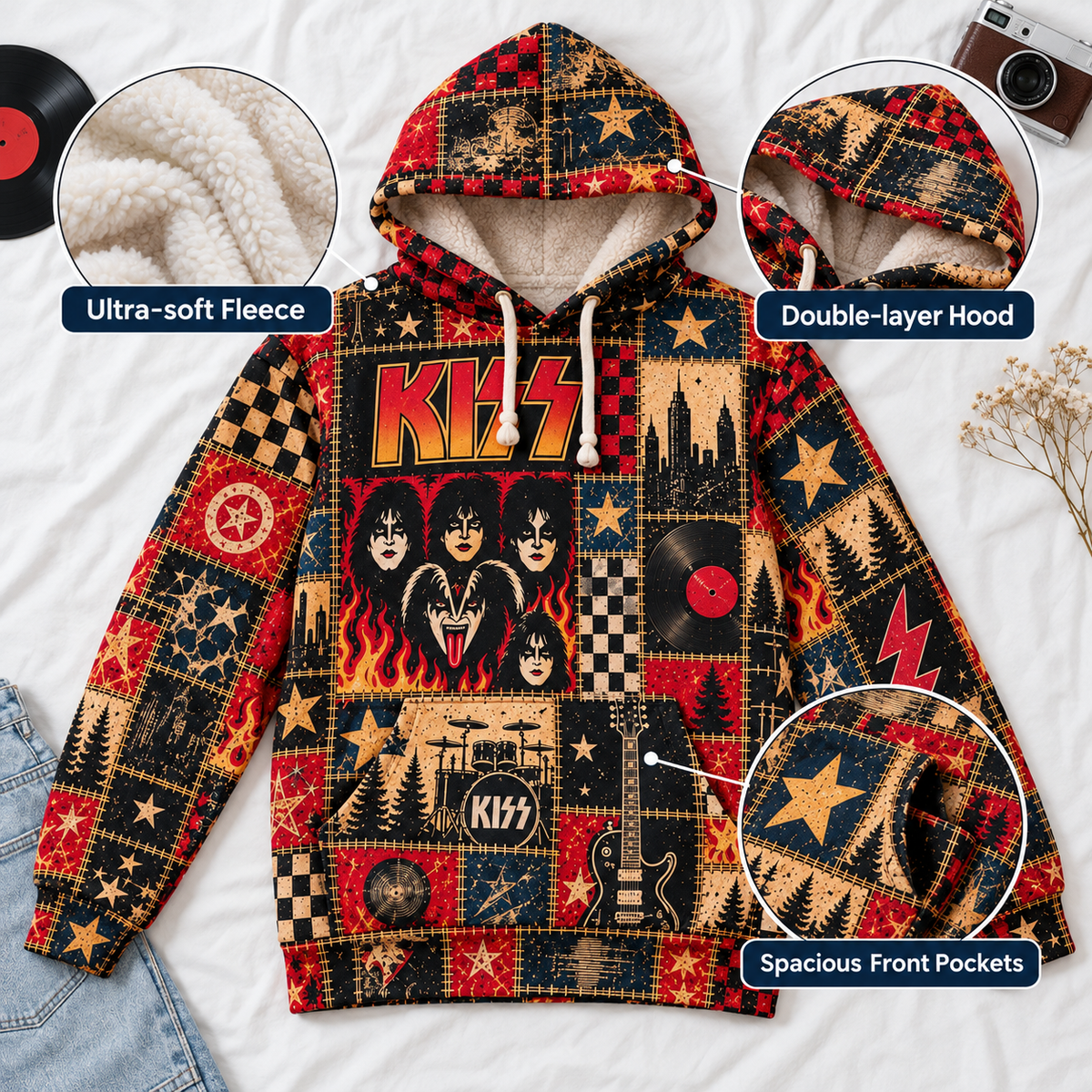 KISS Patchwork Hoodie – Vintage Rock Band Graphic Pullover, Retro Rock and Roll Music Hoodie, KISS Army Fan Gift
