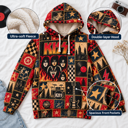 KISS Patchwork Hoodie – Vintage Rock Band Graphic Pullover, Retro Rock and Roll Music Hoodie, KISS Army Fan Gift