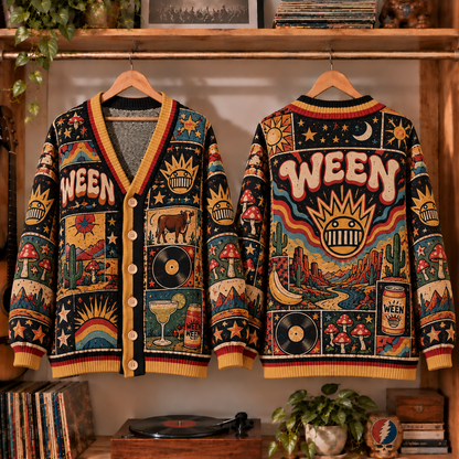 Ween Band Retro Graphic Cardigan - Vintage Alternative Rock Knit Outerwear, Indie Music Fan Apparel & Fashion Style Gift