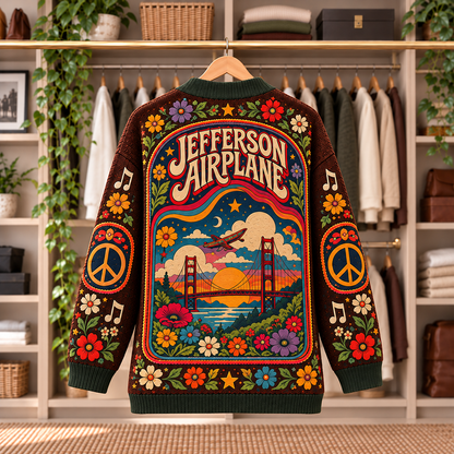 Jefferson Airplane Patchwork Cardigan - Casual Oversized Button Sweater, Airplane Peace Sign Psychedelic Rock Fan Gift