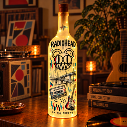 Radiohead Vintage Lighted Bottle Lamp - Premium Alternative Rock Music Merchandise, Modified Bear & OK Computer LED Fairy Light Up Bottle Night Light