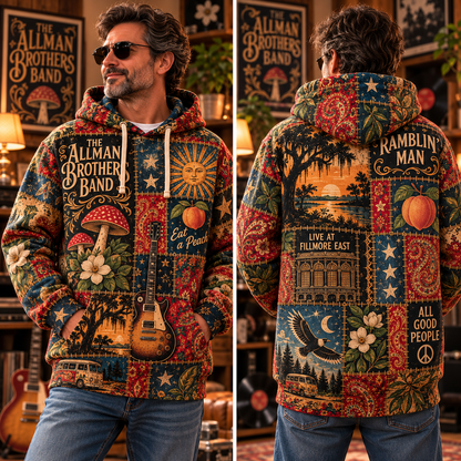 The Allman Brothers Band Patchwork Hoodie – Eat a Peach Vintage Southern Rock Pullover, Retro Floral Graphic Hoodie, Music Fan Gift