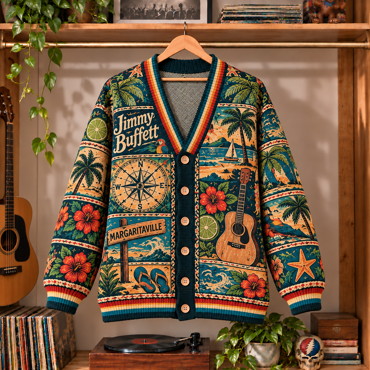 Jimmy Buffett Retro Rock Knit Cardigan - Vintage Style Country Tropical Button Down Sweater, Unique Parrothead Margaritaville Merchandise Fan Outfit