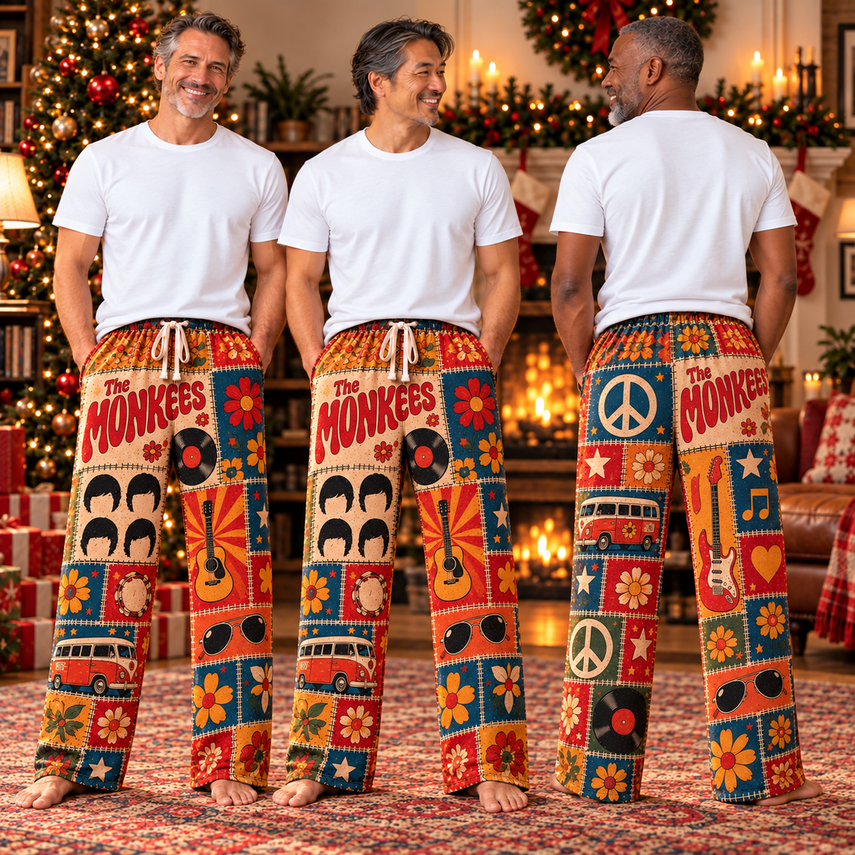 The Monkees Patchwork Pajama Pants - Vintage 60s Pop-Rock Art & Psychedelic Flower Power Lounge Pants with Elastic Waistband, Adjustable Drawstring & Two Side Pockets