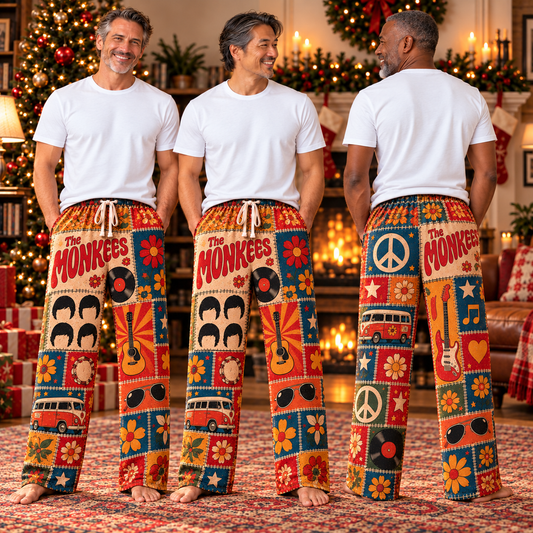 The Monkees Patchwork Pajama Pants - Vintage 60s Pop-Rock Art & Psychedelic Flower Power Lounge Pants with Elastic Waistband, Adjustable Drawstring & Two Side Pockets