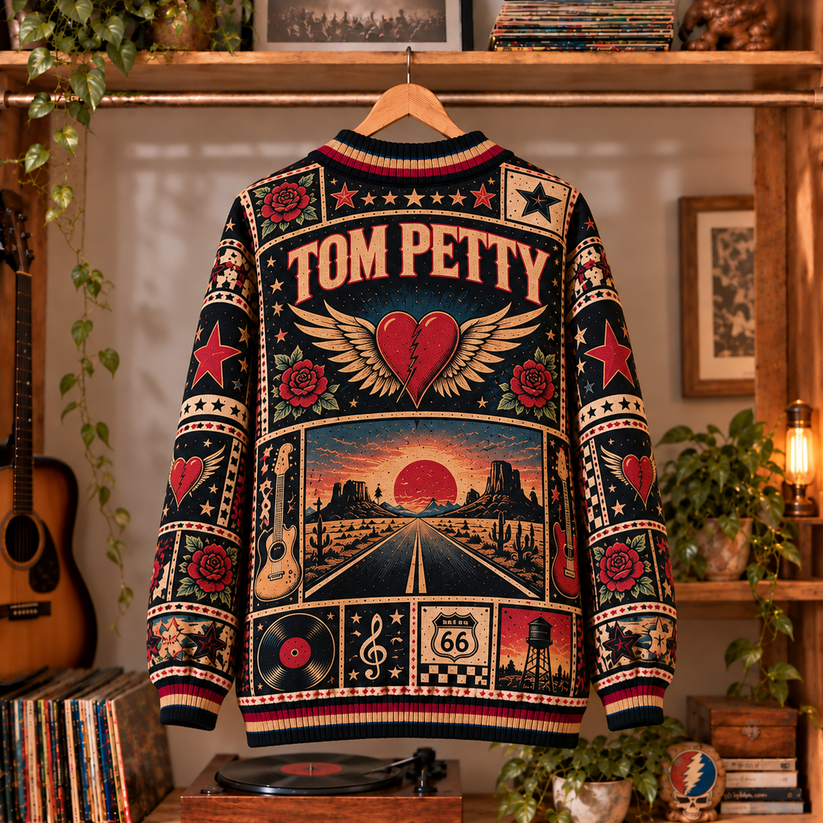 Tom Petty Retro Graphic Cardigan - Vintage Rock Legend Knit Outerwear, Heartbreakers Fan Apparel & Fashion Style Gift