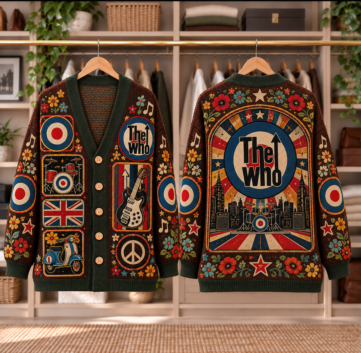 The Who Patchwork Cardigan - Casual Oversized Button Sweater, Target Logo Vespa Classic Rock Music Fan Gift