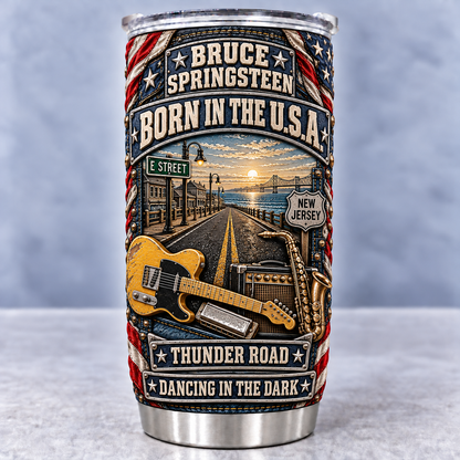Bruce Springsteen 3D Printed Tumbler - Stainless Steel Insulated Travel Coffee Mug with Lid - Heartband Rock Music Merchandise Gift