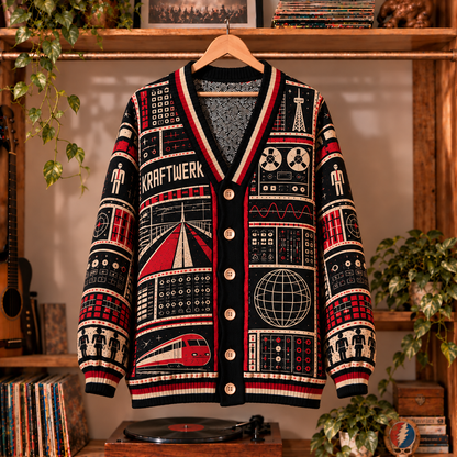 Kraftwerk Retro Graphic Cardigan - Vintage Electronic Band Knit Outerwear, Synth Pop Fan Apparel & Fashion Style Gift