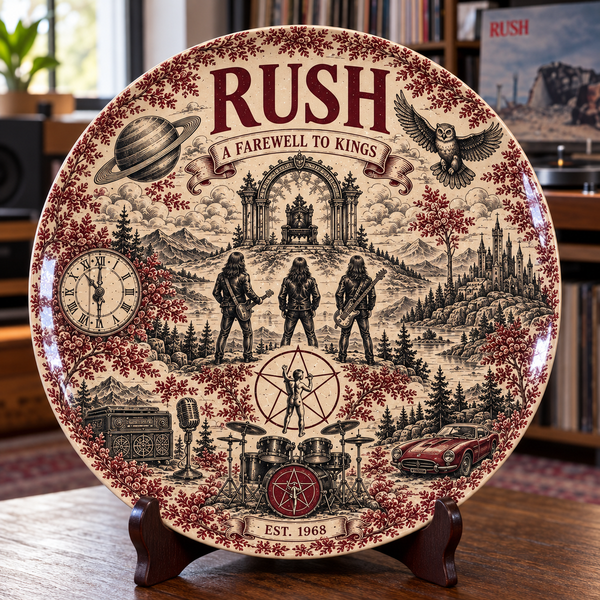 Rush Red Toile de Jouy Ceramic Plate - Decorative Display Dish, Classic Prog Rock A Farewell to Kings Home Decor Fan Gift