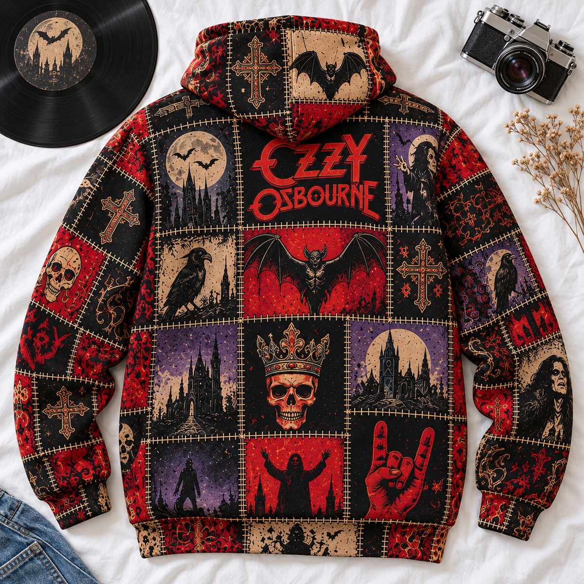 Ozzy Osbourne Patchwork Hoodie – Vintage Prince of Darkness Graphic Pullover, Retro Heavy Metal Sweatshirt, Black Sabbath Legend Fan Gift, Unisex Gothic Rock Hoodie