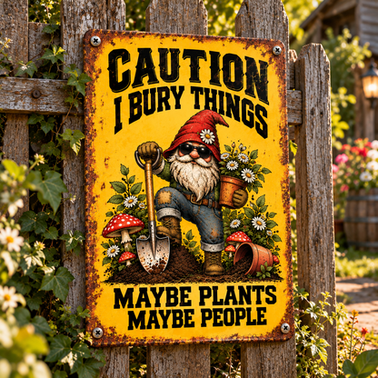 Funny Garden Gnome Metal Sign, Caution I Bury Things Maybe Plants Maybe People, Rustic Gnome Yard Decor, Dark Humor Garden Gift