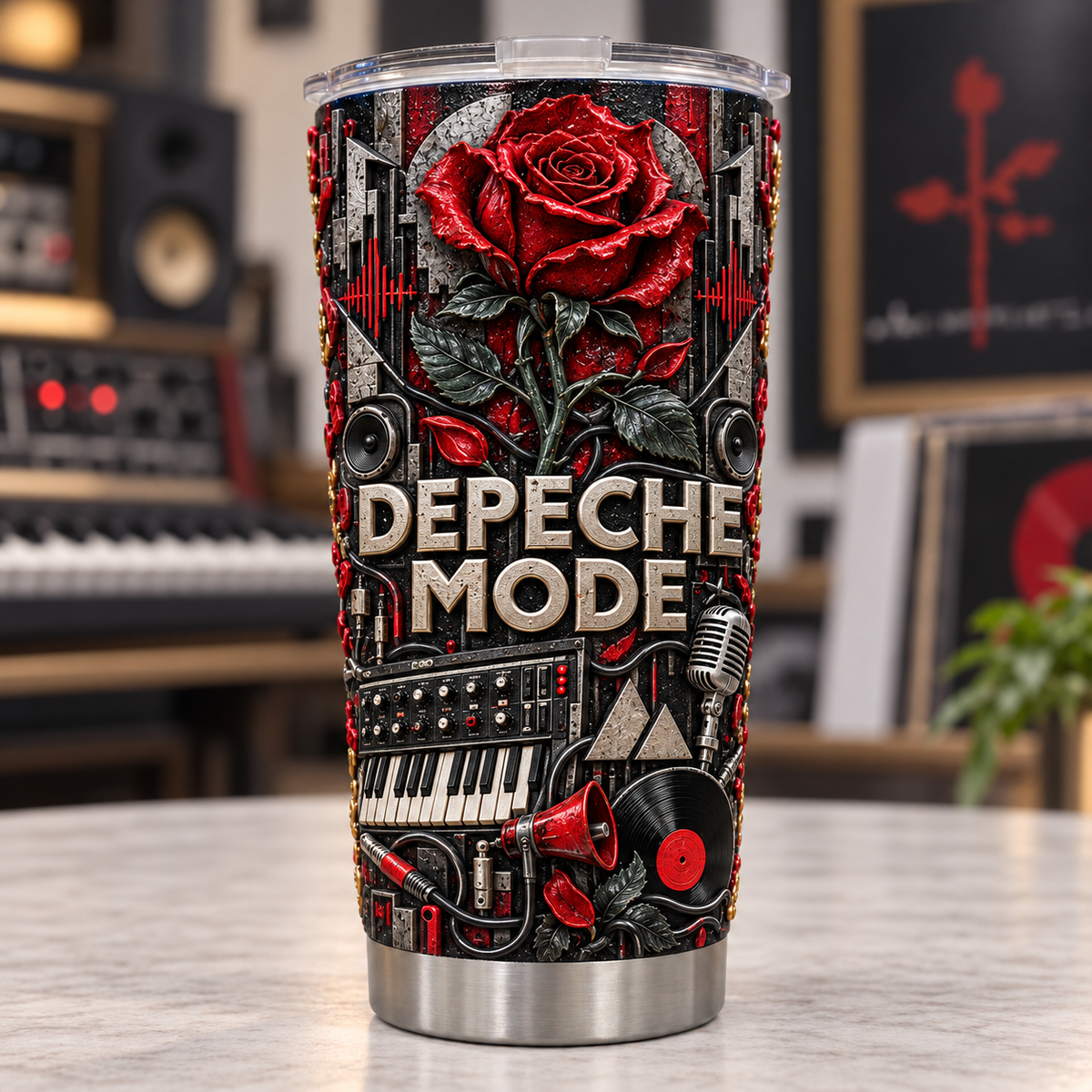 Depeche Mode 3D Printed Tumbler - 20oz Stainless Steel Insulated Travel Coffee Mug with Lid - Synth-Pop Electronic Rock Band Music Merchandise Gift