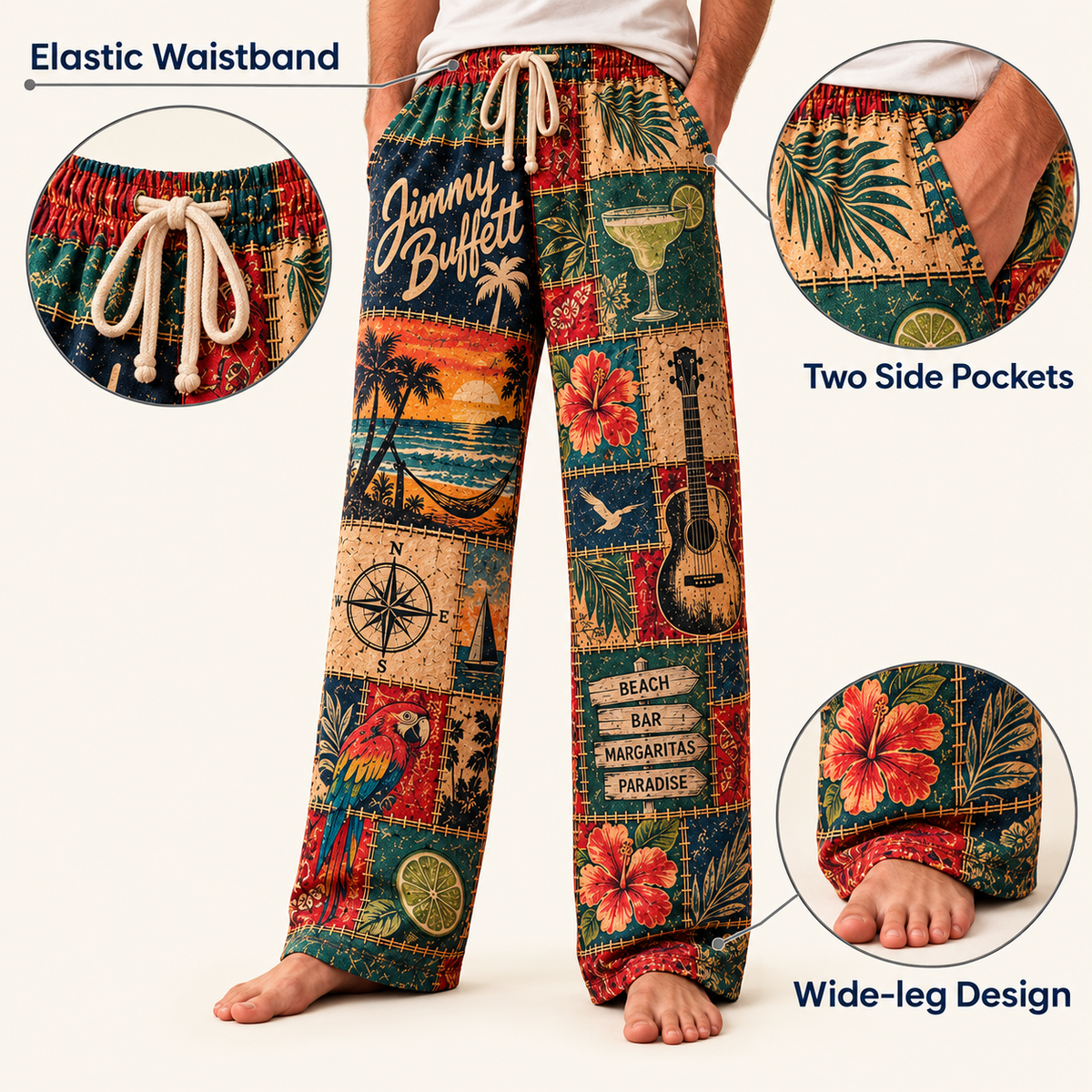 Jimmy Buffett Pajama Pants - Tropical Margaritaville Lounge Pants, Parrothead Fan Sleepwear & Gift for Men