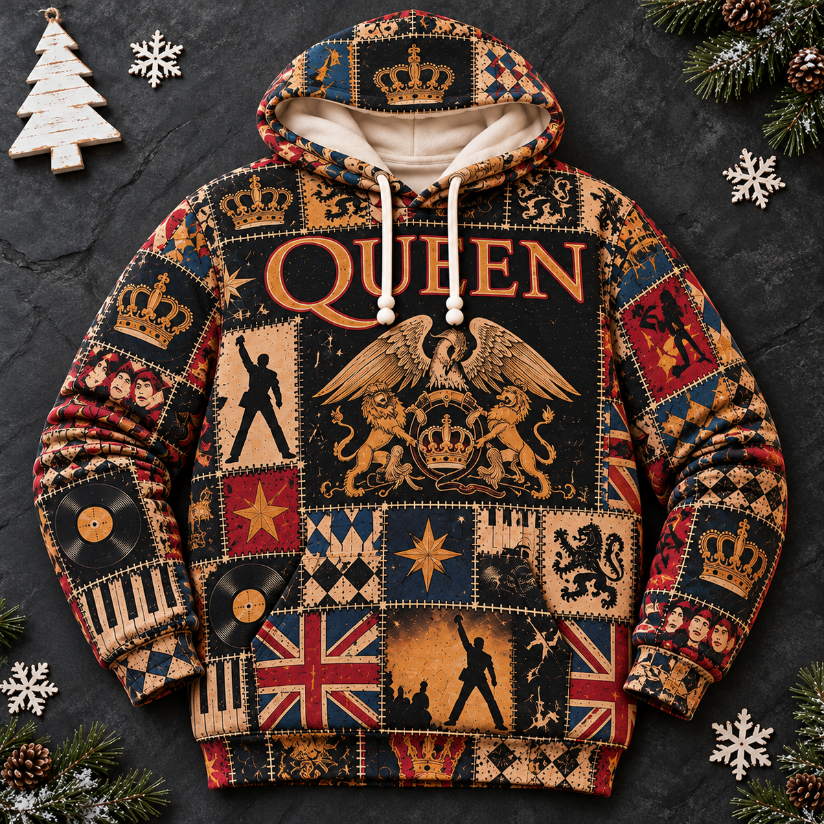Queen Patchwork Hoodie – Vintage Freddie Mercury Graphic Pullover, Retro 70s 80s Classic Rock Sweatshirt, Bohemian Rhapsody Inspired Hoodie
