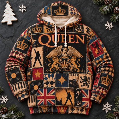 Queen Patchwork Hoodie – Vintage Freddie Mercury Graphic Pullover, Retro 70s 80s Classic Rock Sweatshirt, Bohemian Rhapsody Inspired Hoodie