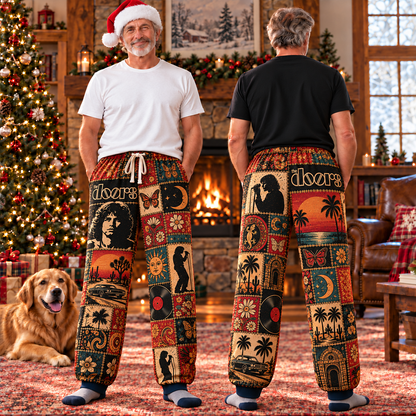 The Doors Patchwork Pajama Pants - Vintage Psychedelic Rock Art Lounge Pants with Elastic Waistband, Adjustable Drawstring & Two Side Pockets