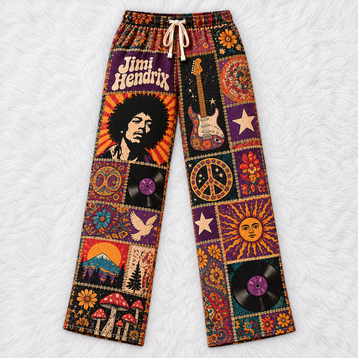 Jimi Hendrix Pajama Pants - Patchwork Psychedelic Rock Art Sleepwear | Music Fan Lounge Pants