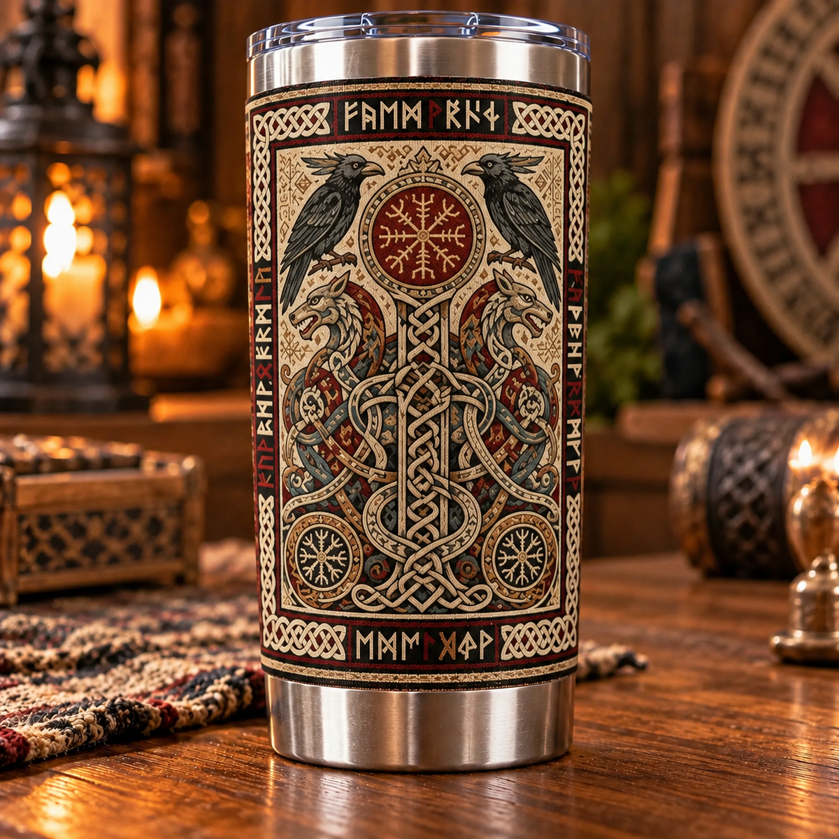 Vintage Viking Longship & Vegvisir Tapestry Pattern Tumbler - Ancient Norse Mythology Stainless Steel Drinkware