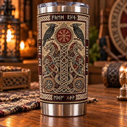 Vintage Viking Longship & Vegvisir Tapestry Pattern Tumbler - Ancient Norse Mythology Stainless Steel Drinkware
