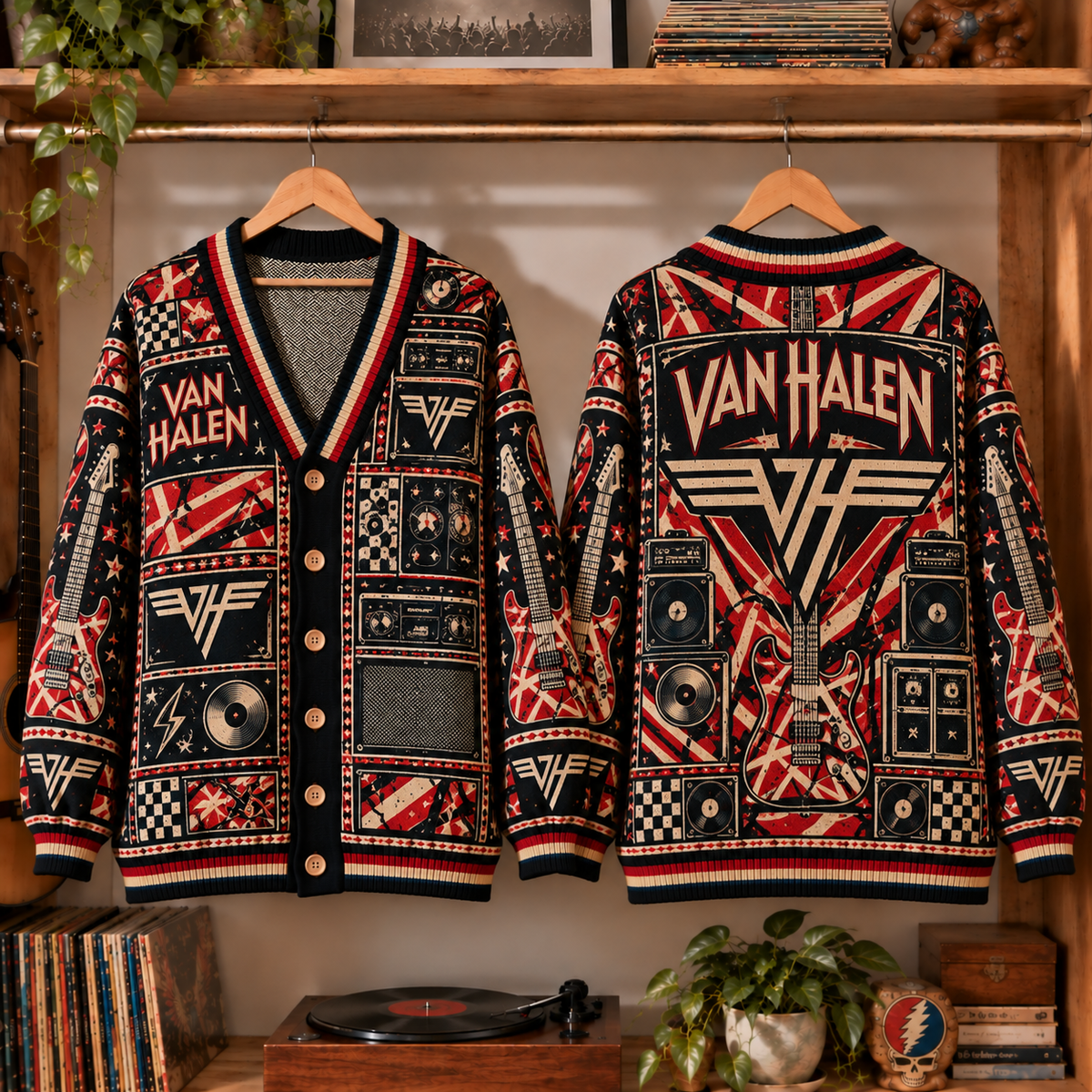 Van Halen Retro Rock Knit Cardigan - Vintage Style Hard Rock Button Down Sweater, Unique VH Logo Frankenstrat Band Merchandise Fan Outfit