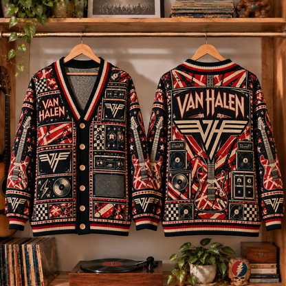 Van Halen Retro Rock Knit Cardigan - Vintage Style Hard Rock Button Down Sweater, Unique VH Logo Frankenstrat Band Merchandise Fan Outfit