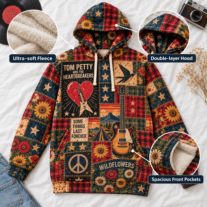 Tom Petty and The Heartbreakers Patchwork Hoodie – Vintage Wildflowers Graphic Pullover, Classic Rock Music Hoodie, Retro Tom Petty Fan Gift