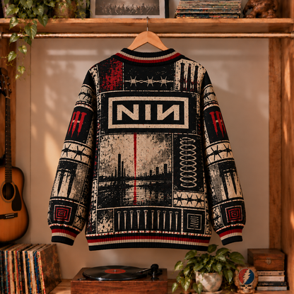 Nine Inch Nails Retro Graphic Cardigan - Vintage Rock Band Knit Outerwear, Alternative Music Fan Apparel & Fashion Style Gift