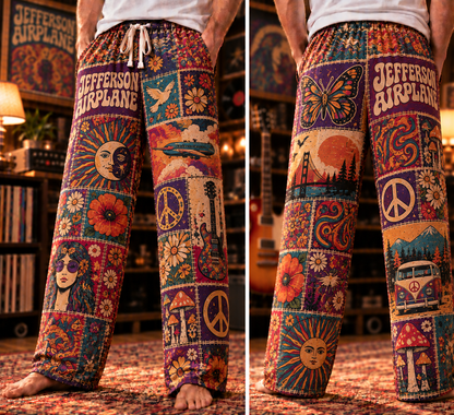Jefferson Airplane Pajama Pants - Patchwork Psychedelic Rock Art Sleepwear | Music Fan Lounge Pants