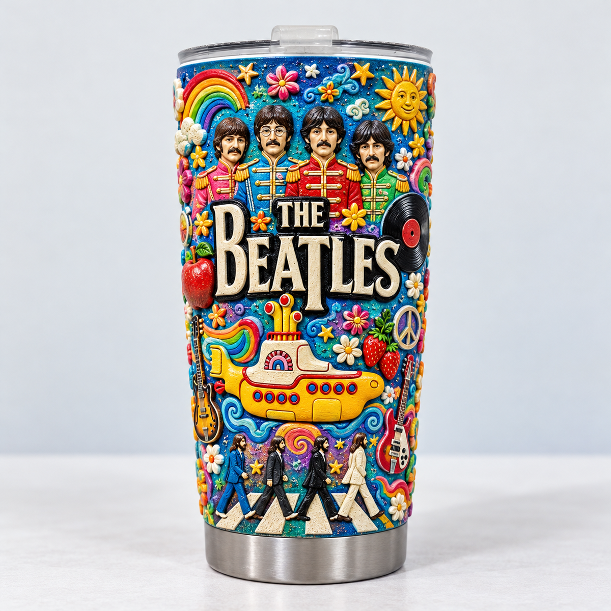 The Beatles 3D Printed Tumbler - 20oz Stainless Steel Insulated Travel Coffee Mug with Lid - Classic Rock Band Music Merchandise Gift