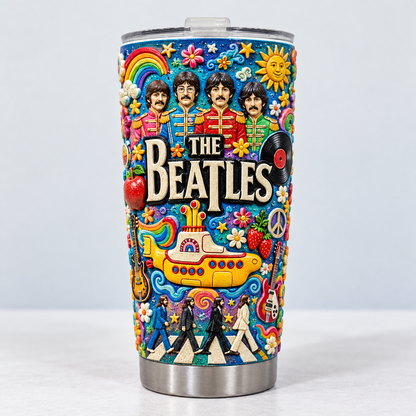 The Beatles 3D Printed Tumbler - 20oz Stainless Steel Insulated Travel Coffee Mug with Lid - Classic Rock Band Music Merchandise Gift