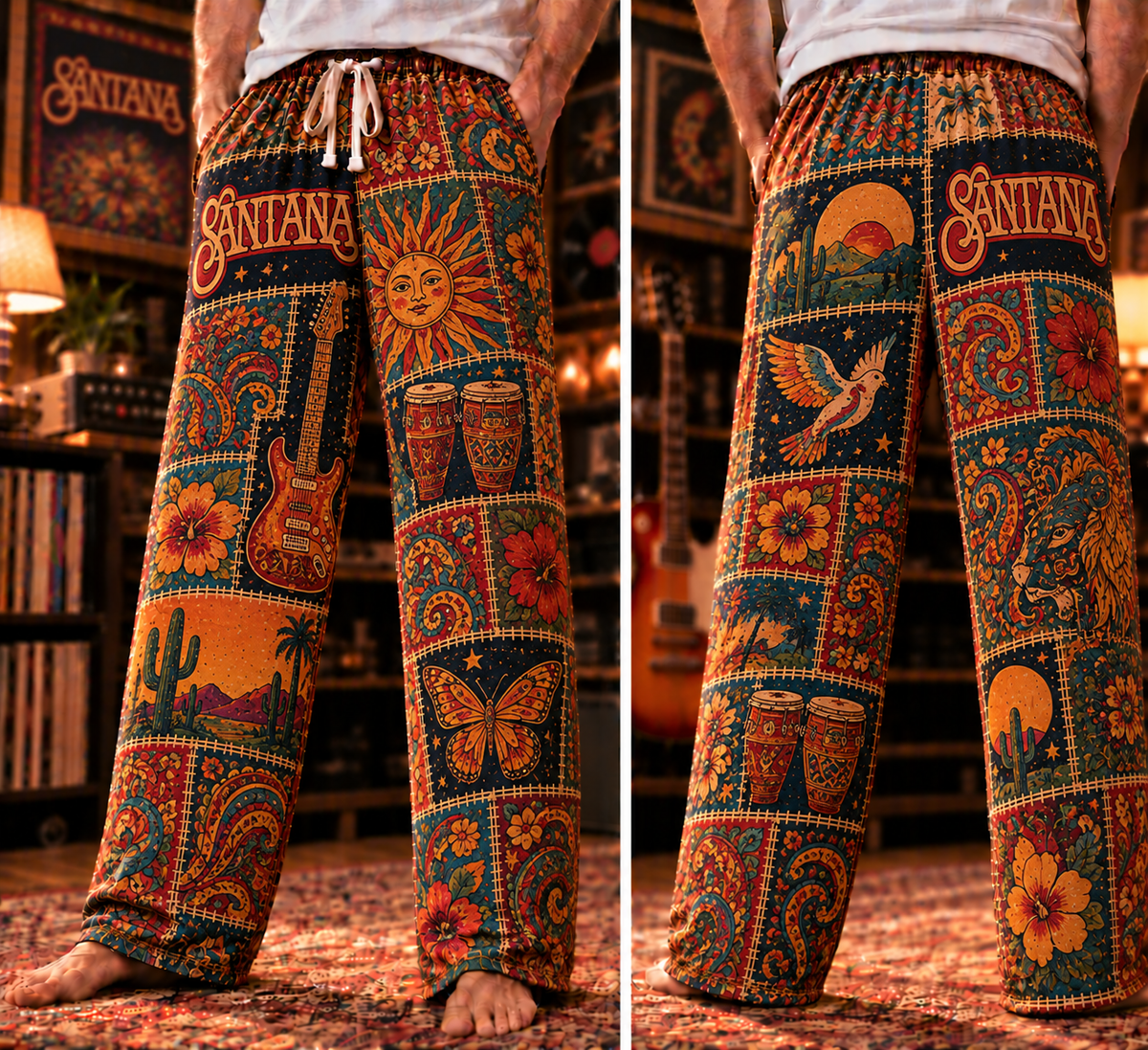 Santana Latin Rock Pajama Pants - Retro Patchwork Electric Guitar, Conga Drums & Desert Cactus Art Sleepwear - Comfortable Pajama Pants for Music Fans