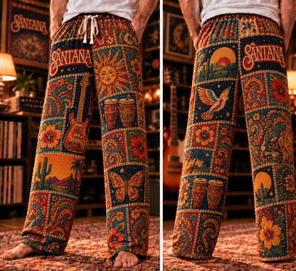 Santana Latin Rock Pajama Pants - Retro Patchwork Electric Guitar, Conga Drums & Desert Cactus Art Sleepwear - Comfortable Pajama Pants for Music Fans